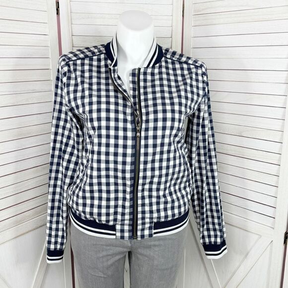 Merona Gingham Check Full Zip Windbreaker Jacket Blue White XL Cottagecore - Picture 1 of 15
